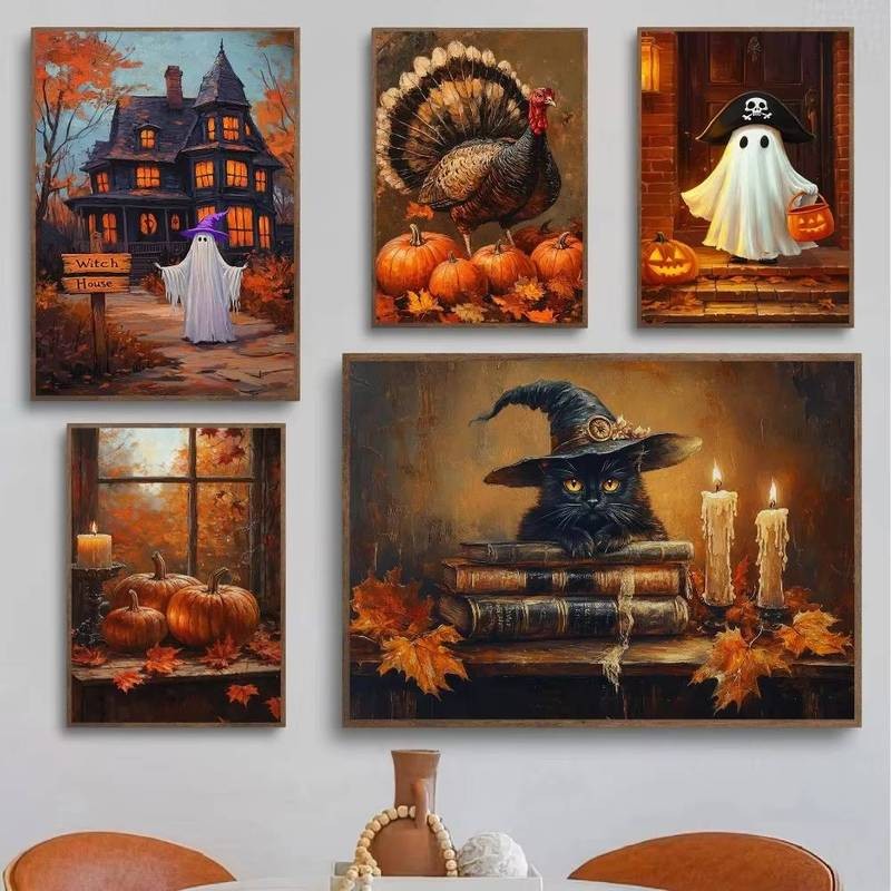 Kinh dị bí ngô đen đầu lâu ma nghệ thuật poster retro phong cách Halloween rừng hoa văn lâu đài in vải phù hợp cho trang trí phòng ngủ tại nhà