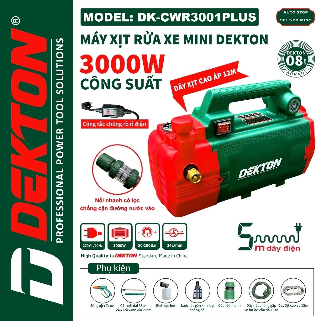 Máy rửa xe chỉnh áp DEKTON DK-CWR3001Plus, 3000W 180Bar Có chống giật Lưu lượng 14 lít/phút
