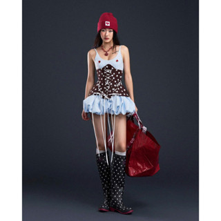  SoDópe.Club - Corset nâu chấm bi và đầm corset bí hai dây xanh pastel phối tim Frill Set 