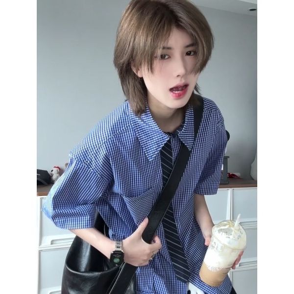 Phong Cách Tiền Cũ Màu Sắc Tương Phản Kẻ Sọc Giả Áo Sơ Mi Tay Ngắn Bé Trai Bé Gái Mùa Hè Phong Cách 
