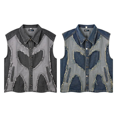 D5OA Vintage Washed Color-Block Denim Vest with Distressed Raw Edges and Deconstructed Patchwork Sle