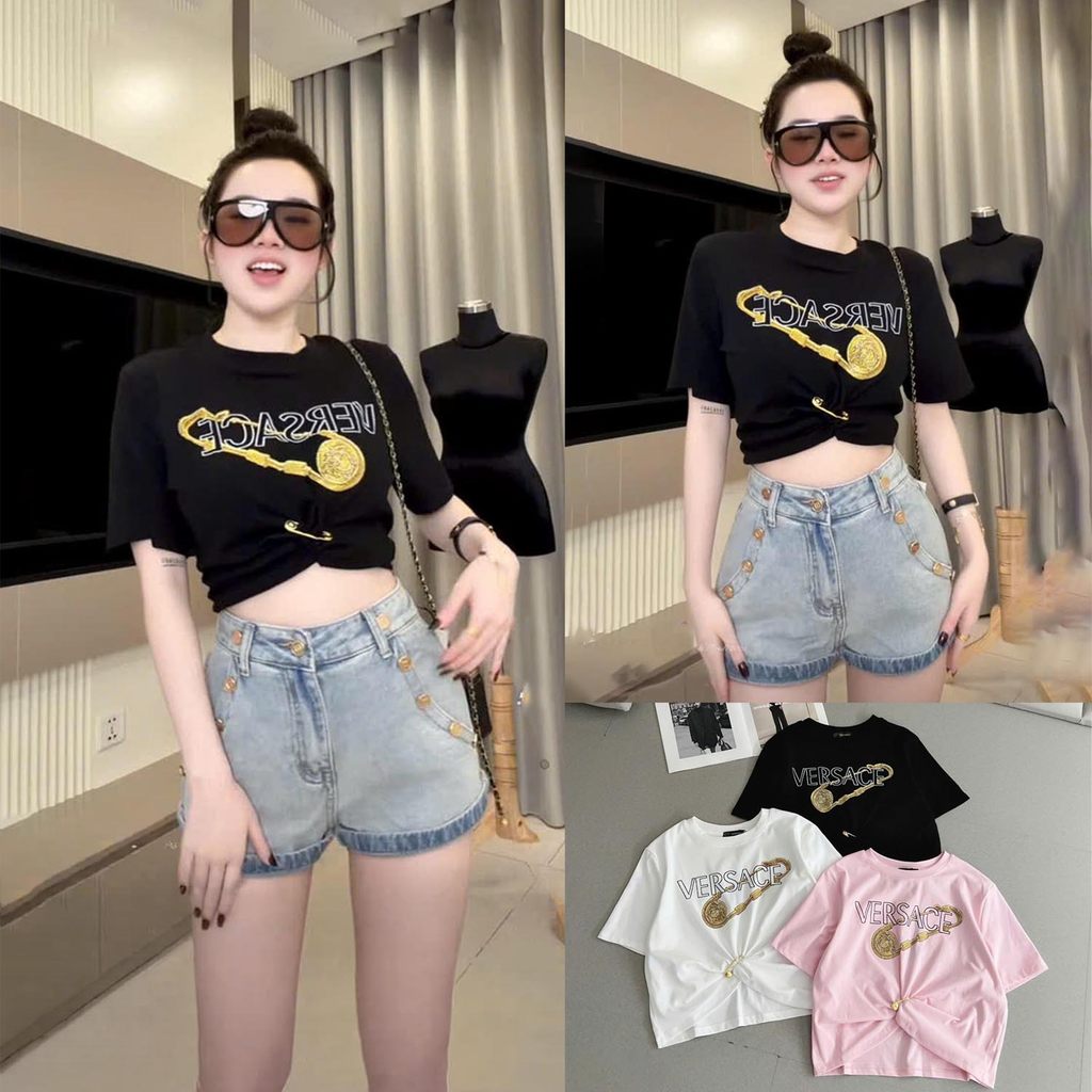 [Follow shop nhận mã 10k] Áo thun cộc tay cổ tròn croptop ghim băng Meo Meo Shop AP1057