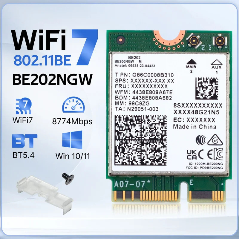 WiFi 7 cho Card mạng BE202 M.2 Bluetooth 5.4 2400Mbps Ba băng tần 2.4G / 5G / 6GHz BE202NGW WiFi 7 B