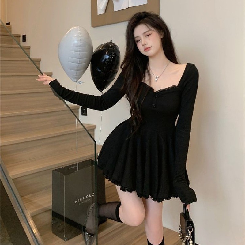 Pure Desire Hot Girl Ren Edge Dress Nữ Xuân Thu Nẹp Xếp Ly Nhỏ Chữ A Puffy Váy Ngắn Eo Cao Puffy Puf