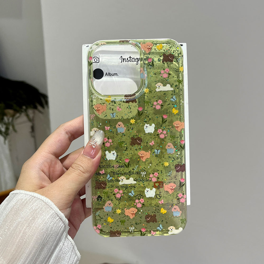 Glitter Epoxy Thích hợp cho vỏ bảo vệ ihone17promax Vỏ điện thoại Apple 16 Green Running Puppy