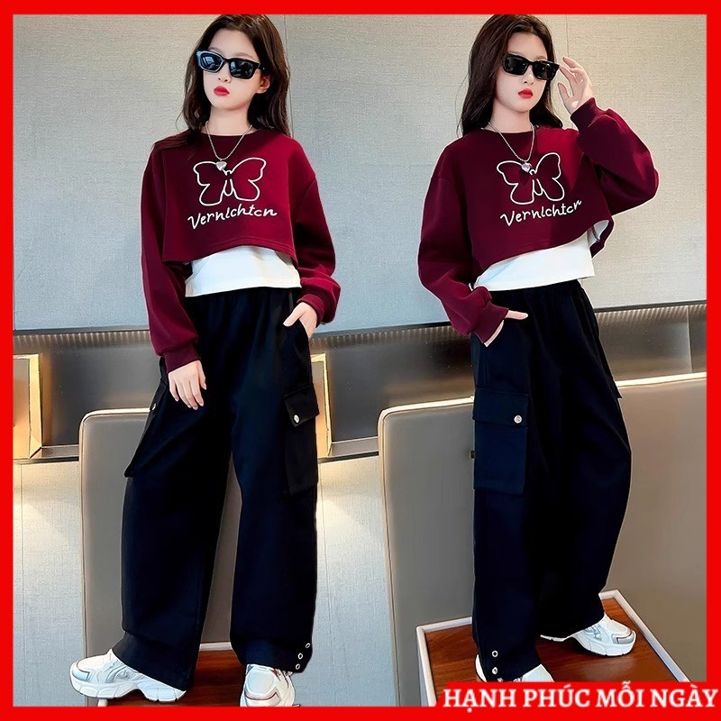 Đồ bộ dài tay, set 3 món thu đông cho bé gái size nhỡ đại 18-50kg mẫu VER .Bộ thu đông nữ cho trẻ em