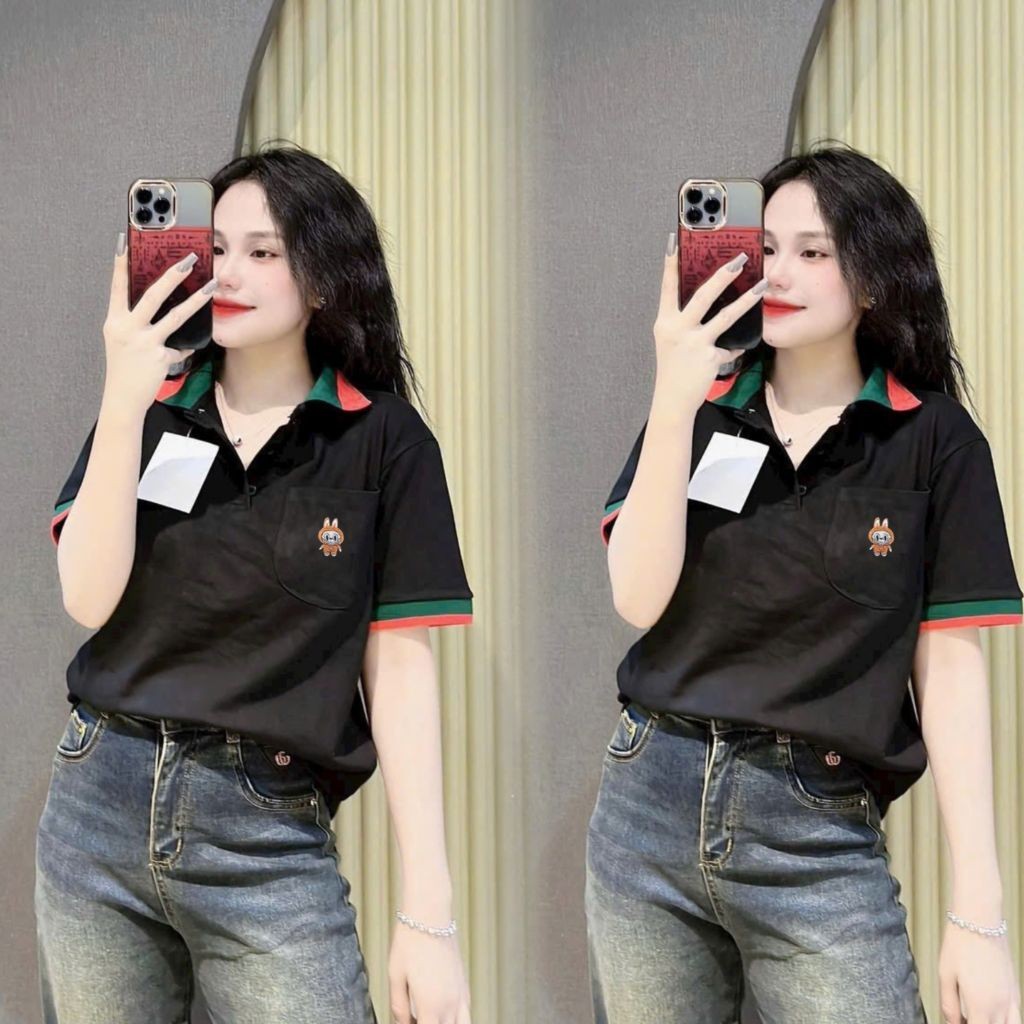 Ao thun polo nữ bigsize 60-90kg phối bo cổ, túi thêu labubu