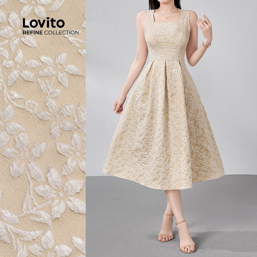 (Refine by Lovito) Đầm thanh lịch jacquard mùa xuân/hè màu kaki cho nữ LR18E203