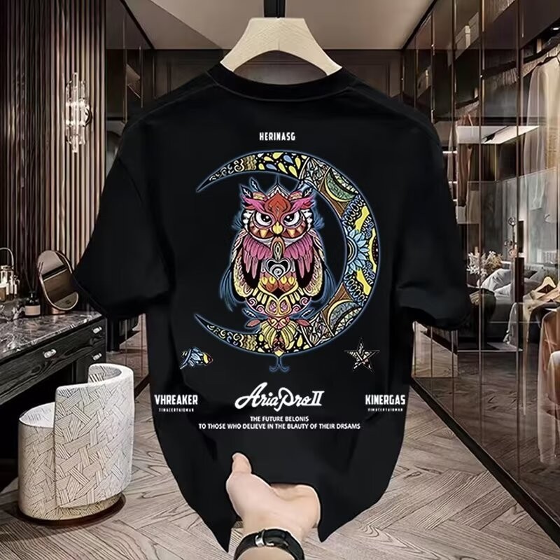 mùa hè Sáng tạo con cú in họa Áo thun nam oversize Bông cao cấp 100% cotton unisex t-shirt Giao hàng nhanh