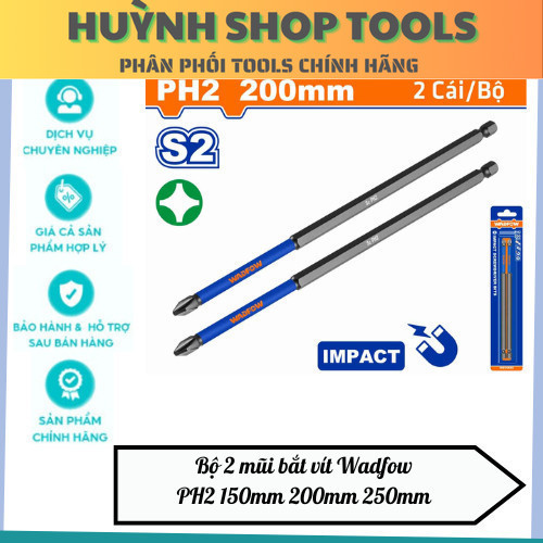 Bộ 2 mũi bắt vít Wadfow PH2 150mm 200mm 250mm , thép công nghiệp S2