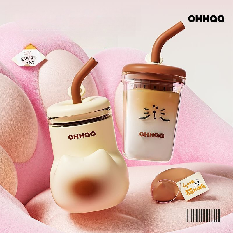OHHAA Trà Thủy Tinh Tách Trà Cốc Nước 520ml Dung Tích Lớn Có Ống Hút Mèo Cốc Học Sinh Dễ Thương
