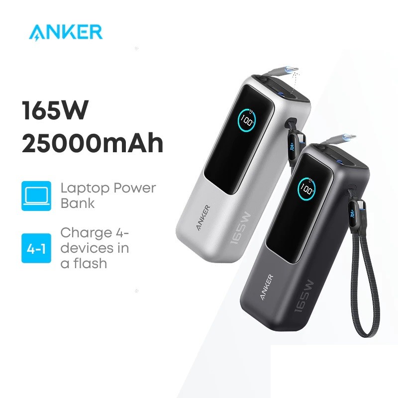 Pin Sạc di động Anker Zolo 25.000mAh| Công suất 165W | Tích hợp 2 cáp USB-C có thể rút gọn | Có màn hình-A1695