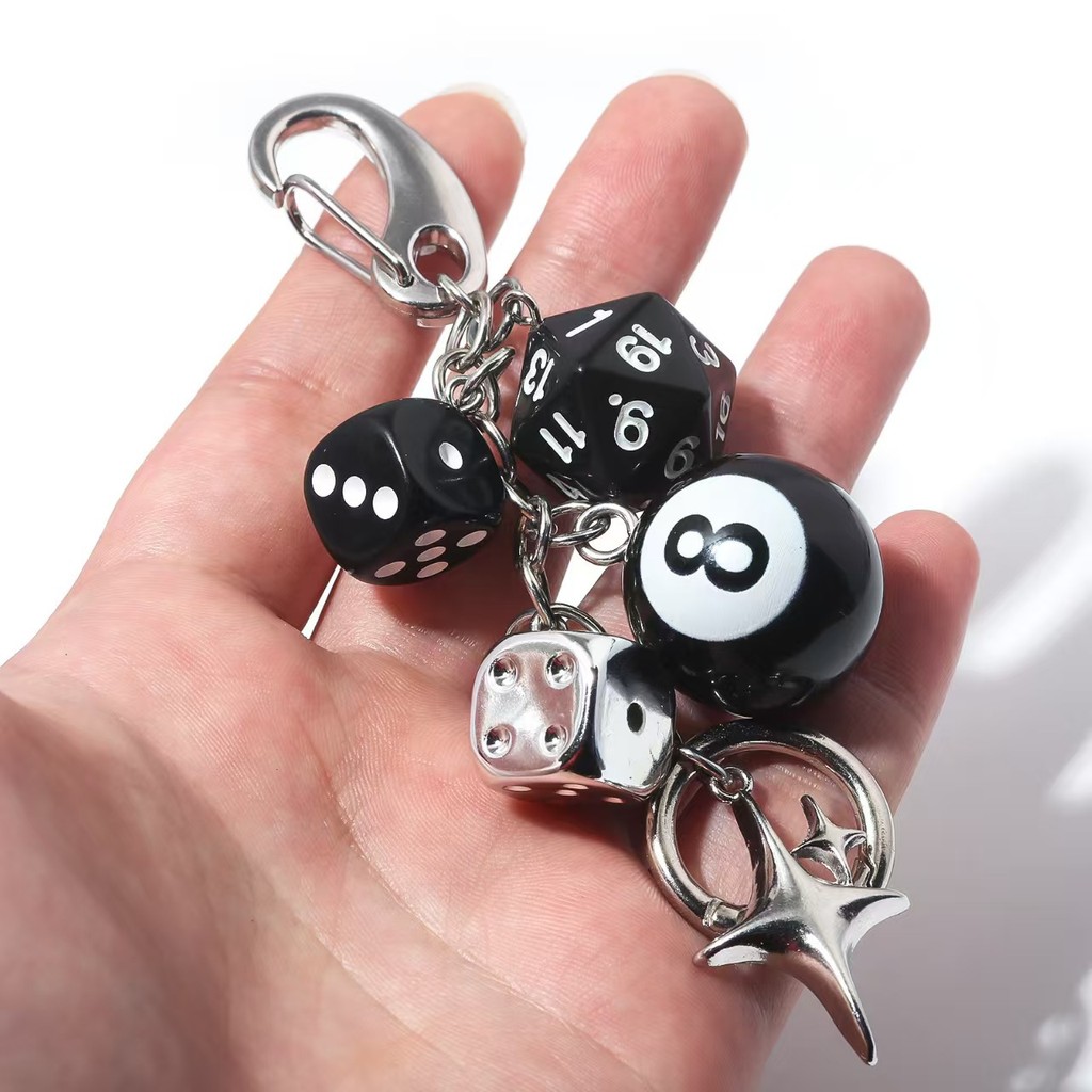 Đen Số 8 Bi-a Bóng & Xúc xắc Móc Khóa, Mini Pool Ball Xúc xắc Combo Vòng Chìa Khóa Mặt Dây Chuyền