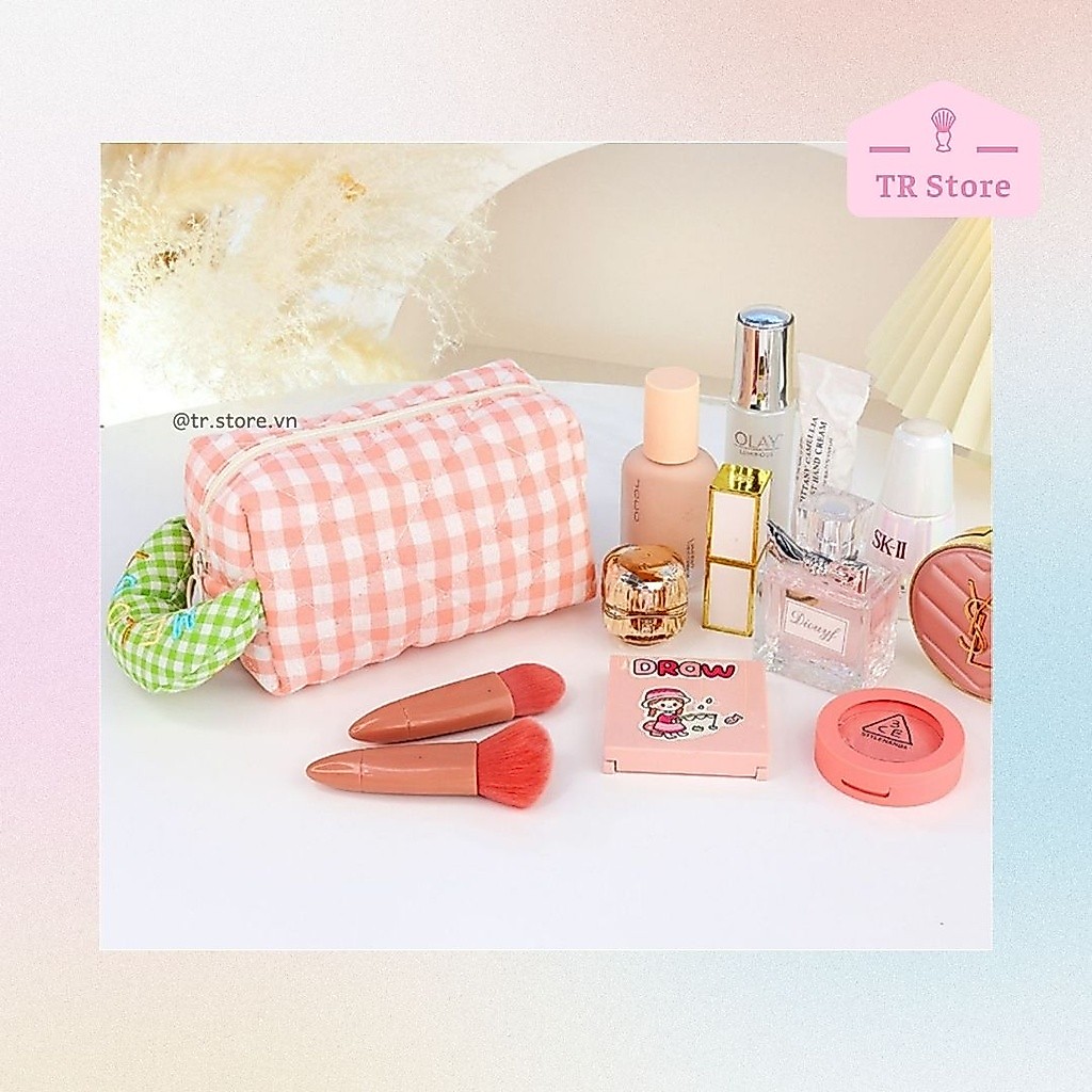 Túi đựng mỹ phẩm Melody sọc ca rô 2 kích thước makeup bag