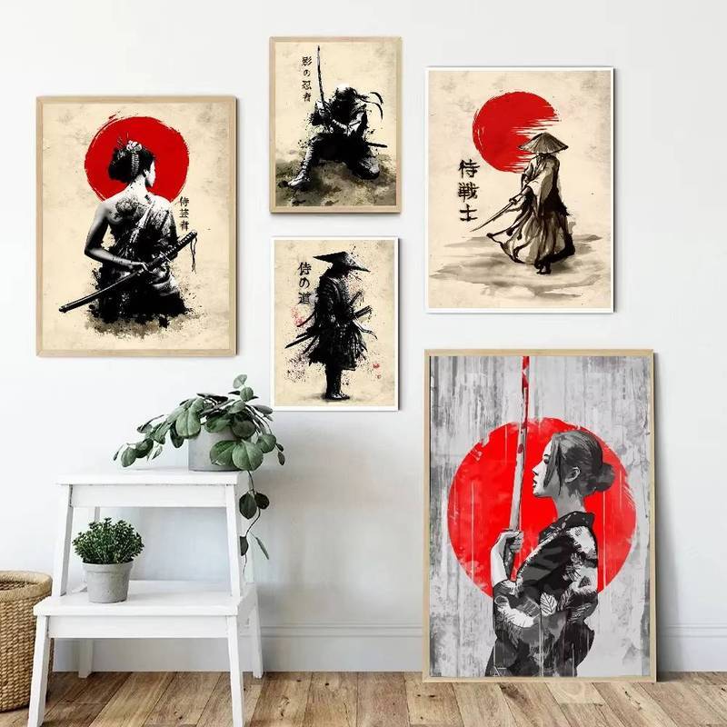 Nhật Bản Samurai Canvas Treo Tường Nghệ Thuật Bộ Mực Đen Phong Cách Đỏ Mặt Trời Ronin Chiến Binh Phò