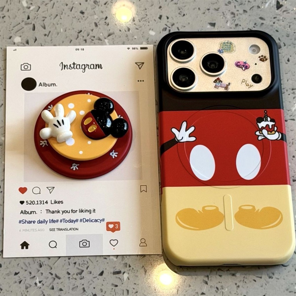 Niche Khâu quần áo Mickey Chân tay iPhone17promax Vỏ điện thoại Apple 16pro Giá đỡ từ tính 15pKL2606