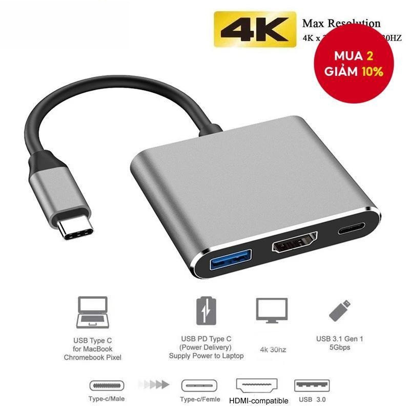 Cổng USB Type-C HUB 3in1 4K HDMI Adapter USB3.0 PD 87W Sạc Bộ Chuyển Đổi Kim…