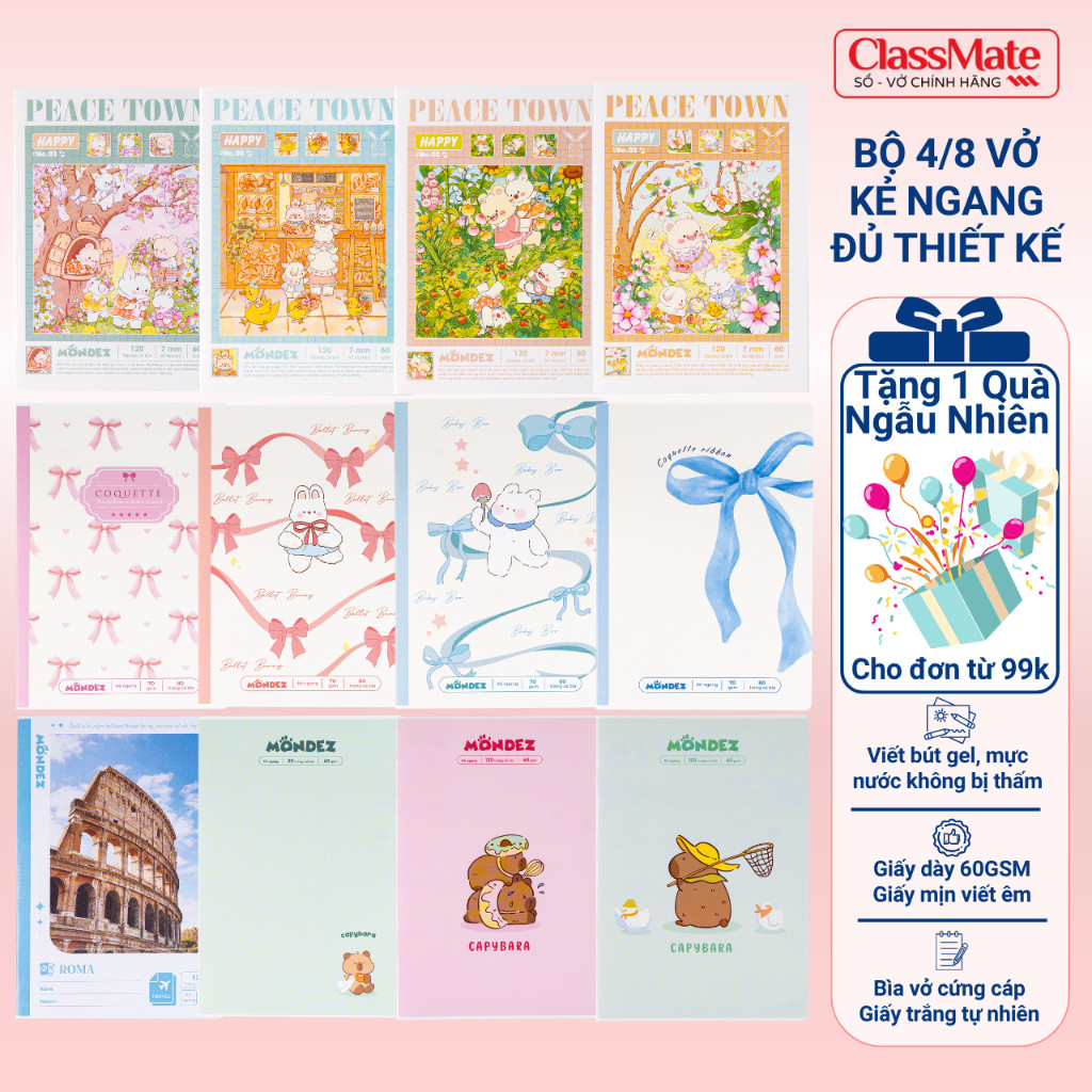 Combo 4/8 Vở Kẻ Ngang MONDEZ, Vở Kẻ Ngang 80-120 Trang 60/70GSM, Vở Kẻ Ngang Thiết Kế Cute Cho Học S