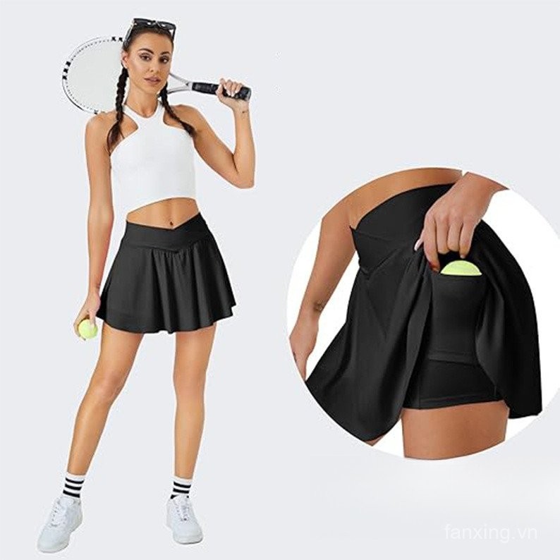 High Waist Sports Skirt with Pockets, Anti-Exposure Nylon Stretch Golf Skirt