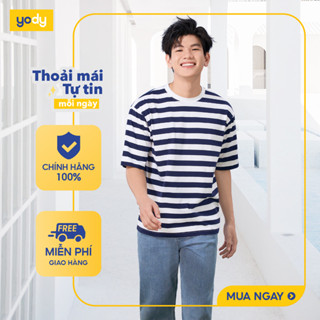   Áo phông nam họa tiết kẻ to YODY mềm mại, co giãn tốt chất vải 100% cotton MCTS25S082