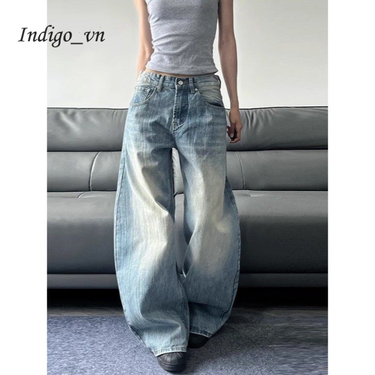 【Indigo】 Quần Jean Ống Rộng ỐNg RộNg Cạp Cao Nữ Cỡ Lớn