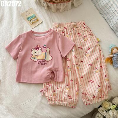 Set Áo Thun Mèo Phối Quần Dài Sọc cho bé gái màu hồng năng động mặc nhà đi chơi MINTSCLOSET GA2572