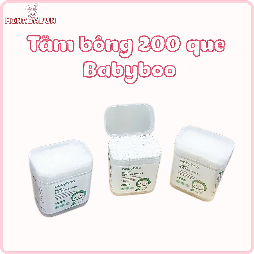 Hộp tăm bông 200 que cho bé, Tăm bông BABYBOO gồm 2 đầu vệ sinh tai mắt cho bé an toàn tiện lợi