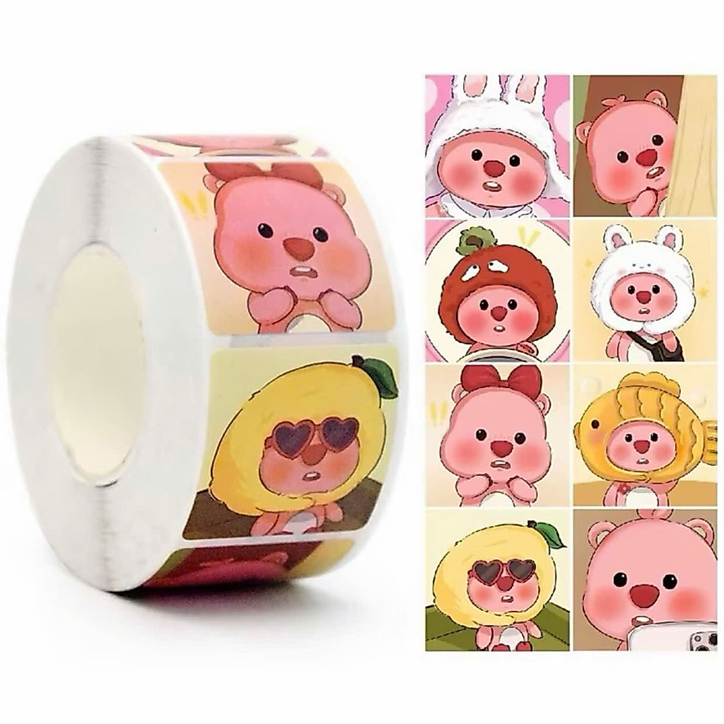 Cuộn 500 hình dán Sticker LOOPY VUÔNG dễ thương, dán trang trí, sticker khen thưởng