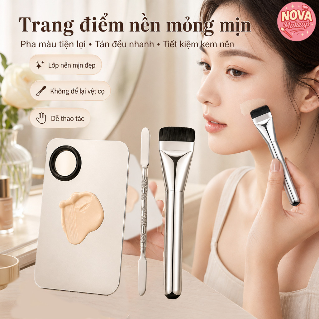 Bộ Khay Dụng Cụ Trộn Nền,Dàn Nền Khay Pha Son Bằng Thép Chống Gỉ,Bao Gồm Cây Trộn Và Cọ Phấn Nền,Dễ 
