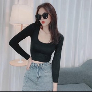 Áo thun nữ croptop cổ vuông tay dài trơn thun gân tăm ôm dáng size dưới 54kg mã dh66a