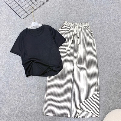 Set Bộ Bigsize Nữ Áo Thun Ôm Body Kèm Quần Kẻ Sọc Ống Suông Mặc Thoải Mái Cho Chubby G244+Q534
