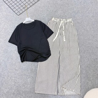 Set Bộ Bigsize Nữ Áo Thun Ôm Body Kèm Quần Kẻ Sọc Ống Suông Mặc Thoải Mái Cho Chubby G244+Q534