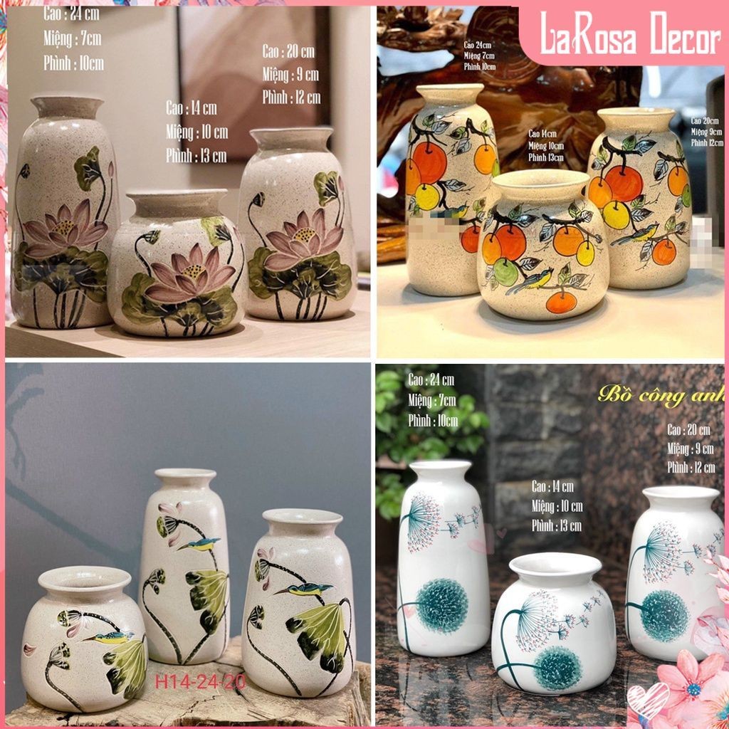 Bộ bình gốm 3 Lọ hoa gốm sứ vẽ tay men lạnh - Gốm bát tràng Yumi Shop YM215