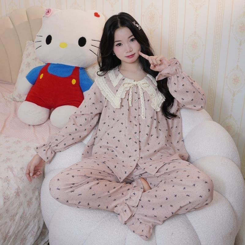 Đũi hàn dài tay bộ ngủ dài tay nữ tiểu thư cổ nhọn bèo vải đũi mùa hè mặc đi ngủ mát mẻ thoải mái Women Quần Ngủ Áo Ngủ | BigBuy360 - bigbuy360.vn