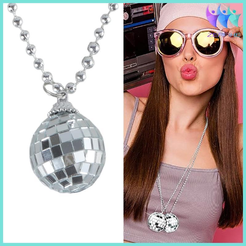 Stylish Mirror Disco  Necklace 70s Beaded Neckchain Vintage Pendant Neckwear