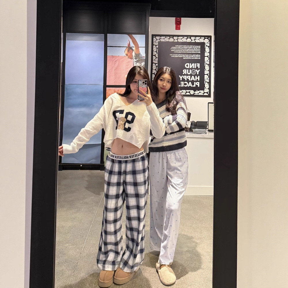 U7RS American Retro HCO Little Seagull Plaid Letter Cuffed Ribbed Casual Versatile Long Pants Pajama