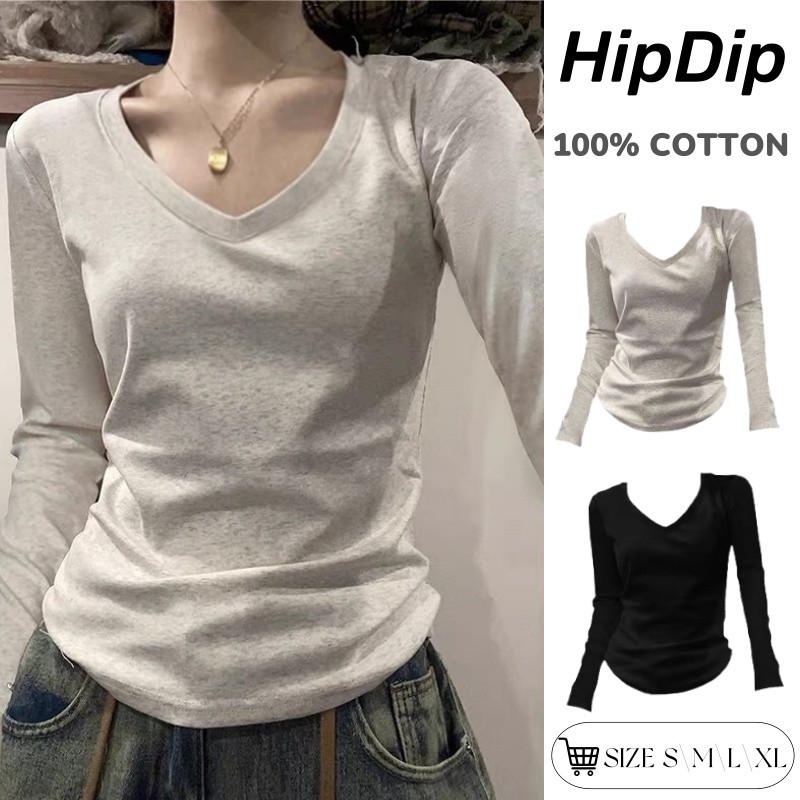 【100% cotton  Áo baby tee Áo Thun tay dài ôm body Áo mặc trong dài tay cổ chữ V Áo thun mẫu ngắn mẫu mới cho nữ