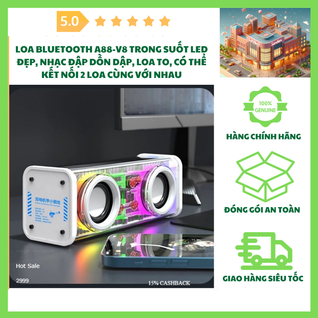 Loa Bluetooth A88-V8 Trong Suốt Led Đẹp, Nhạc Đập Dồn Dập, Loa To,Có Thể Kết Nối 2 Loa Cùng Với Nhau