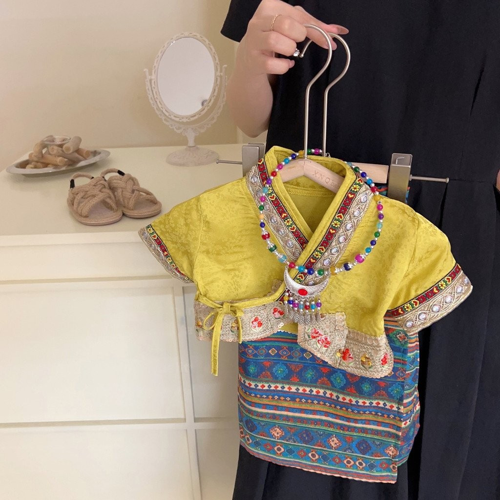 [COD] trang phục buwan ng wika cho bé gái Mùa hè Retro Đại Bộ phong cách dân tộc Bộ áo buộc váy in h