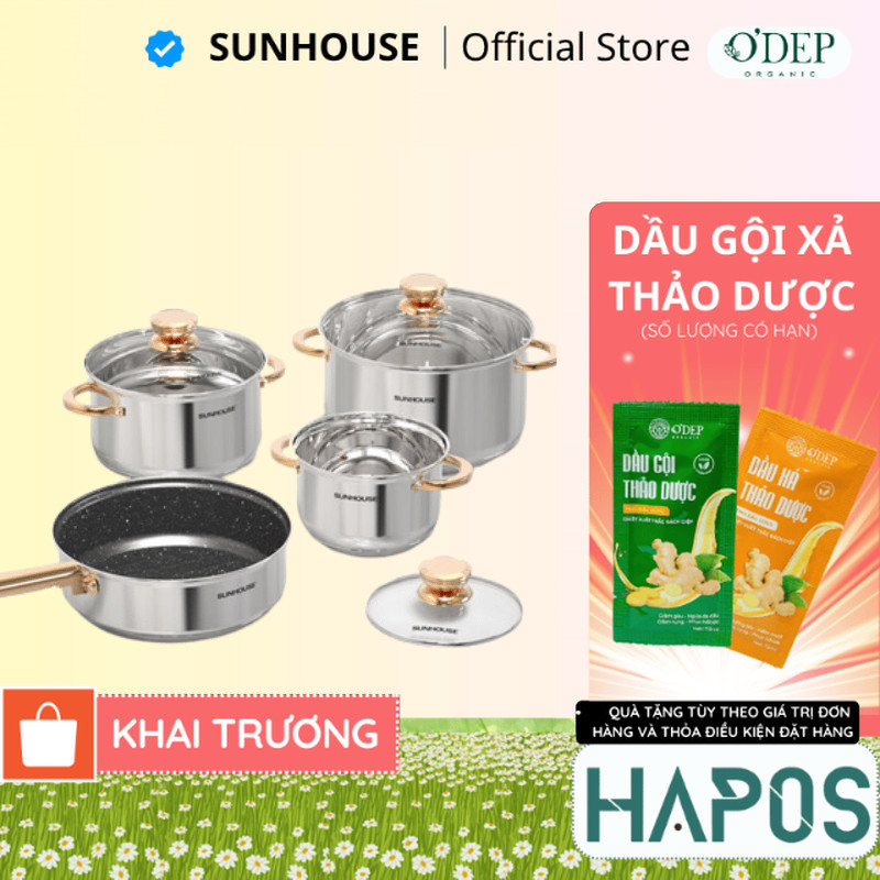  Bộ nồi kèm chảo inox 5 đáy Sunhouse SHG789 - Dùng mọi loại bếp đáy từ - HAPOS HEL 