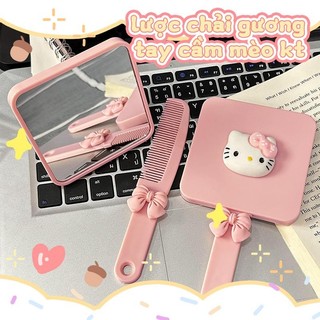  Gương lược trang điểm mini cầm tay dễ thương nhỏ gọn tiện lợi có charm Mèo Kitty & nơ bướm tiện lợi mang theo bên mình 