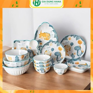 [Bán lẻ] Bát đĩa sứ họa tiết khủng long decor dễ thương