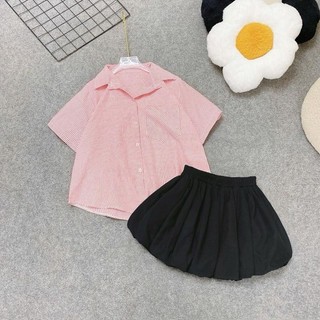 Set Bộ Bigsize Nữ Áo Sơ Mi Pastel Dáng Rộng Trẻ Trung Phối Váy Bí Lưng Chun Bảo Hộ A297-CV413