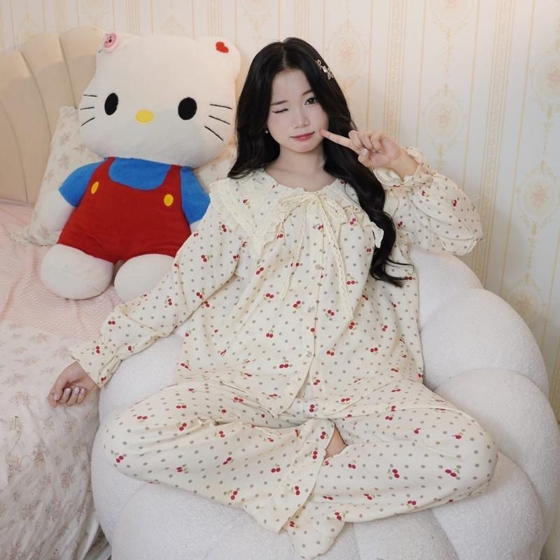 Đũi hàn dài tay bộ ngủ dài tay nữ tiểu thư cổ nhọn bèo vải đũi mùa hè mặc đi ngủ mát mẻ thoải mái Women Quần Ngủ Áo Ngủ | BigBuy360 - bigbuy360.vn