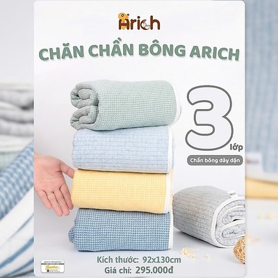 Chăn chần bông Arich, chăn 3 lớp mùa hè, cao cấp mềm mịn, dày dặn, an toàn cho Bé (0 đến 6 tuổi) -KT 93x130cm