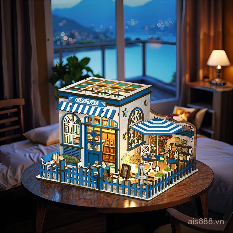 ZU1A [Cash commodity and quick delivery]Santorini Sunshine Coffee diy Blue Sea View Miniature House 