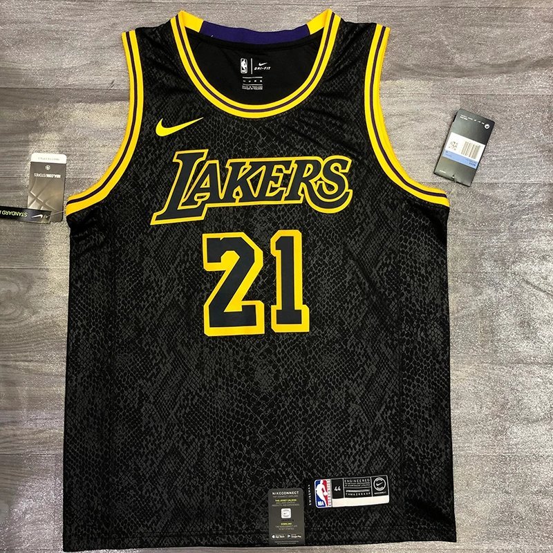 Phiên bản SW NBA Lakers Black Mamba Skin Texture No. 21 JR Smith Jersey Áo Bóng Rổ Nam Retro Nóng Ép
