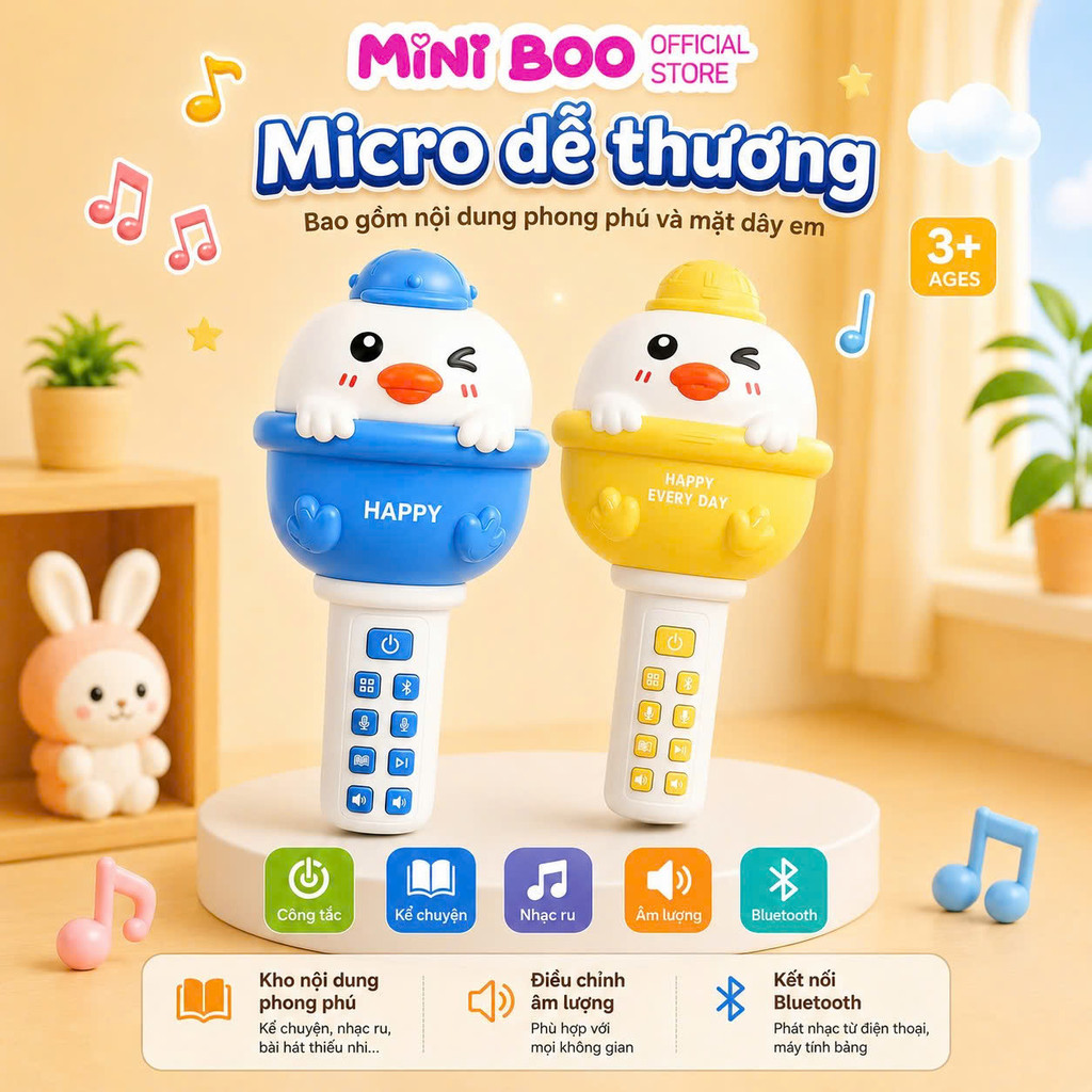 Micro Karaoke Hình Vịt MIni Boo  – Kết Nối Bluetooth, Đèn LED, Âm Nhạc, Đồ Chơi Giáo Dục Sớm Giúp Bé