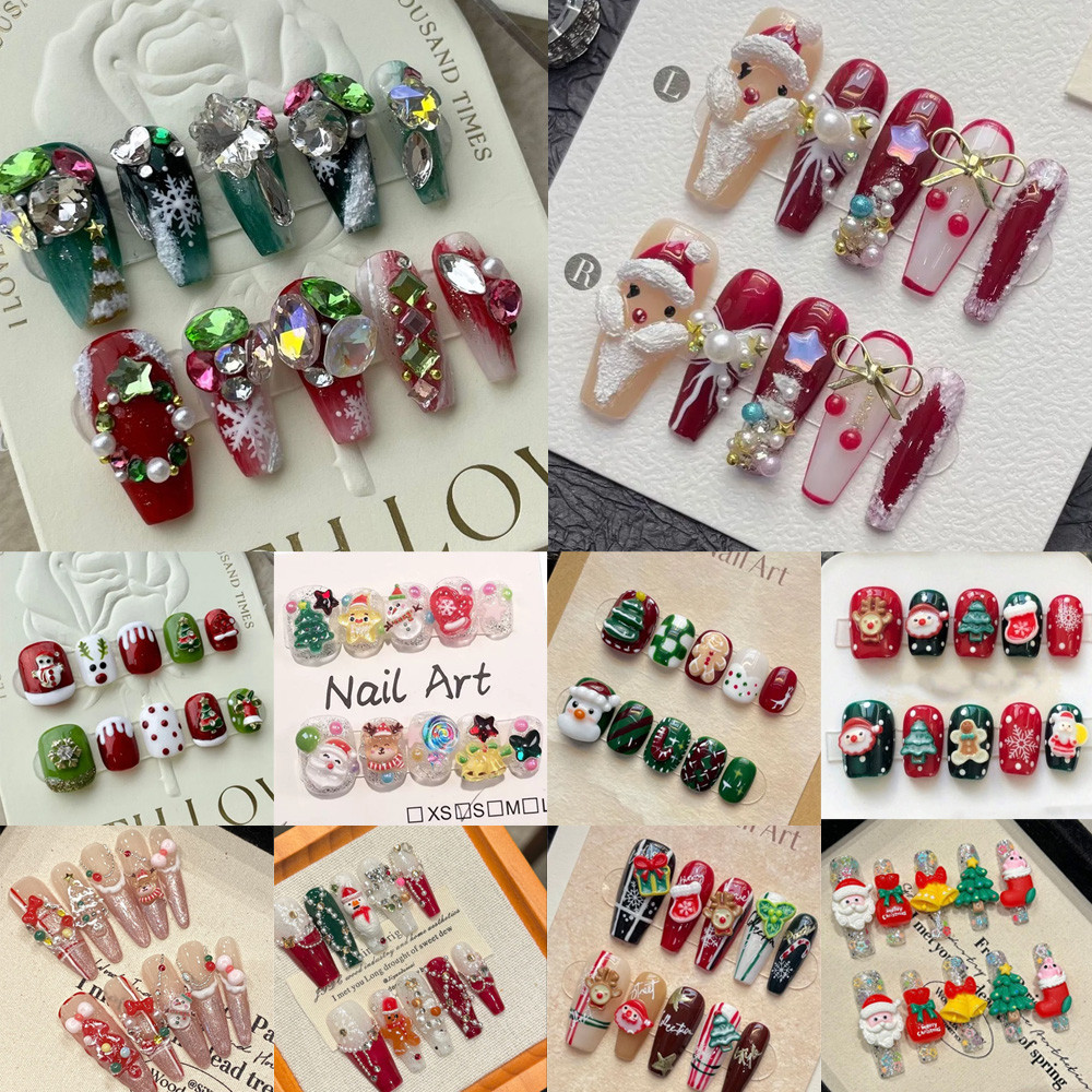 100% HANDMADE Sang Trọng Giáng Sinh Bấm Trên Móng Tay 3D Bóp Chuông Có Thể Tháo Rời Cực Ngắn / Dài Hình Dạng Hạnh Nhân Móng Tay Giả Có Keo Có Thể Tái Sử Dụng Chống Thấm Nước