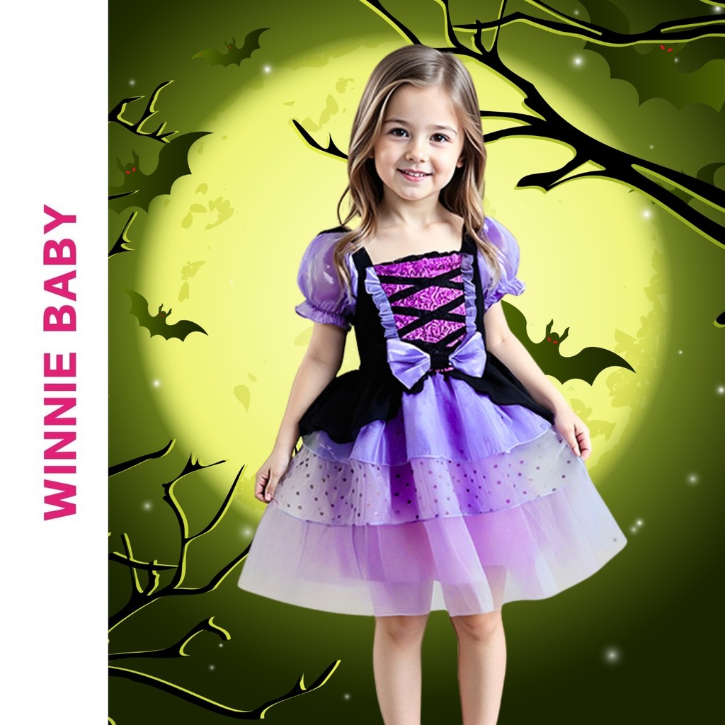 Đầm Váy Kuromi Hóa Trang Cosplay Halloween Cho Bé Gái – Váy Công Chúa Tay Phồng, Váy Tulle Bồng Bềnh